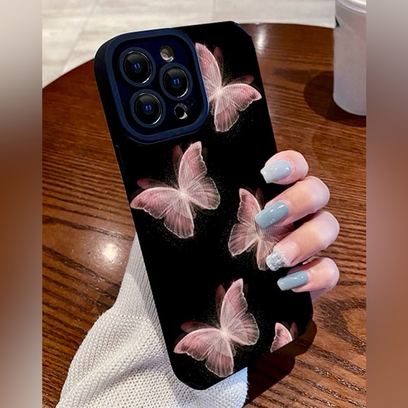 NWT iPhone13ProMax Wing Fluttering Pink Butterfly Black Rubber Phone Case - Picture 3 of 4